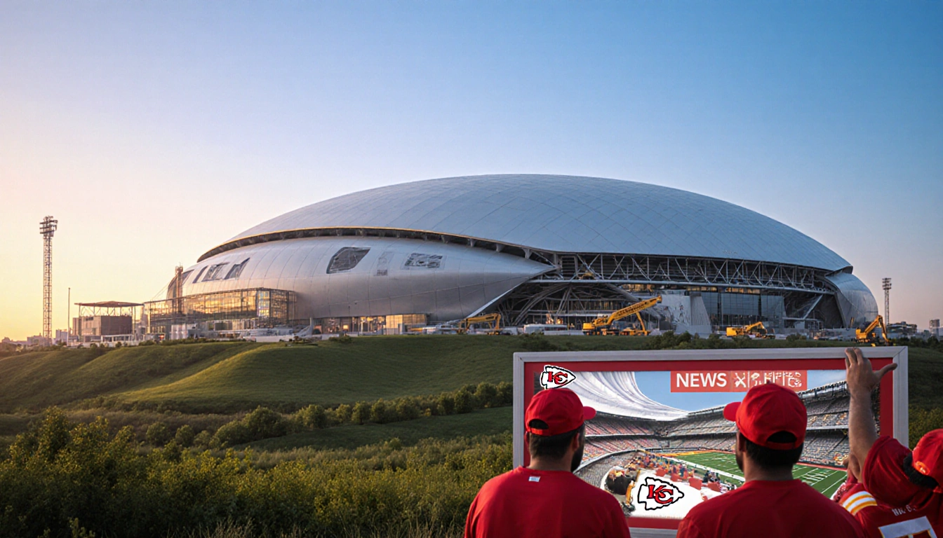 Fans gather around a bulletin board with a gleaming Chiefs stadium dome in the background and rolling Kansas hills.