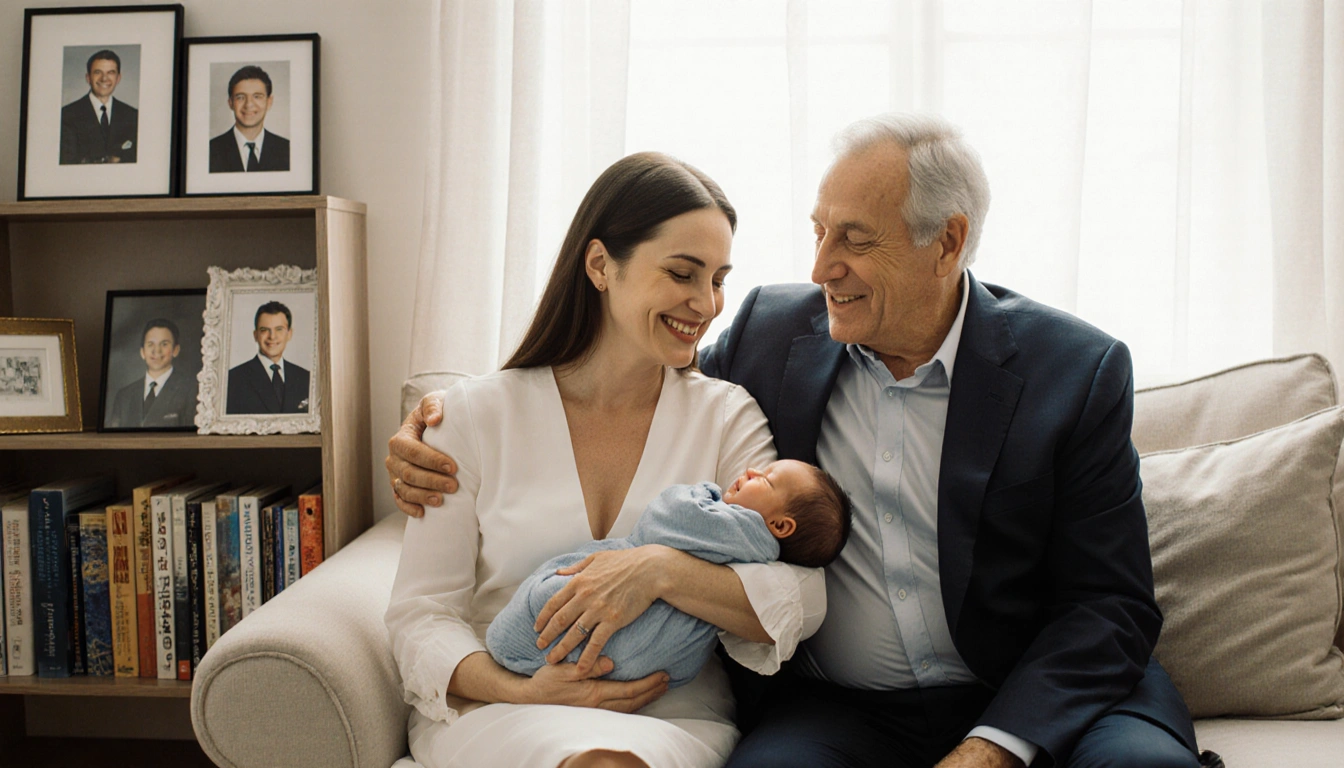 Karoline holds newborn Niko with a smile while Nicolas leans over her shoulder in a family portrait with natural light.