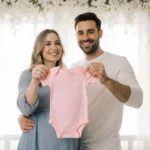 Karoline Leavitt holding pink onesie with Nicholas Riccio