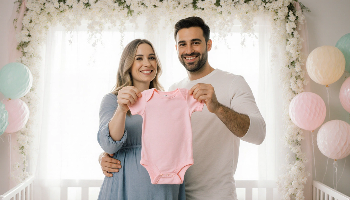 Karoline Leavitt holding pink onesie with Nicholas Riccio