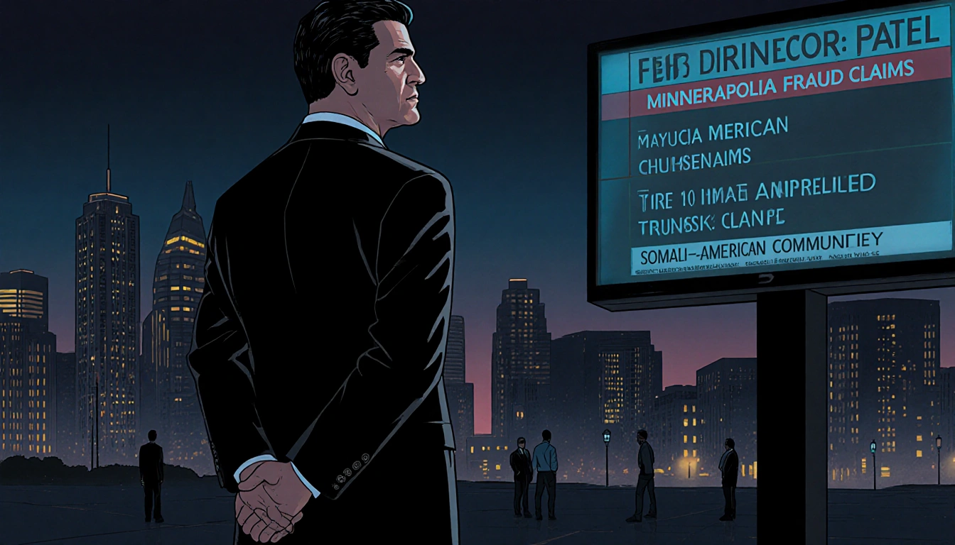 FBI Director Kash Patel standing near Minneapolis skyline dusk hands behind screen fraud headlines.