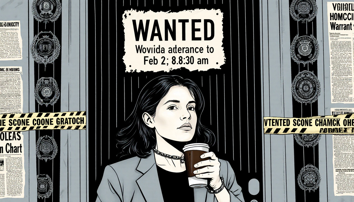 Kata Hay holding a cup of coffee with handcuffs and a Wanted sign above a courthouse entrance