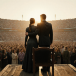 Katniss stands atop a worn wooden podium with sunrise-lit arena below and Peeta beside her shoulder touch.
