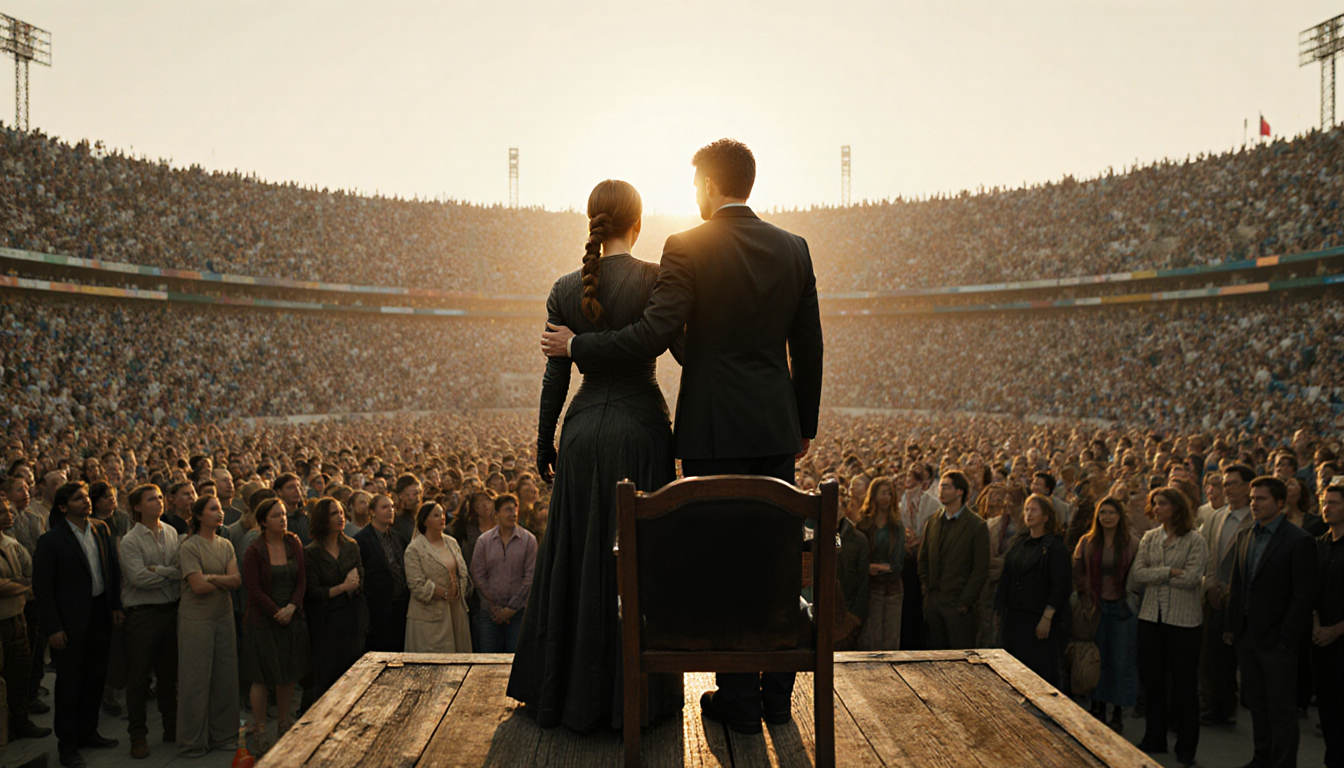 Katniss stands atop a worn wooden podium with sunrise-lit arena below and Peeta beside her shoulder touch.