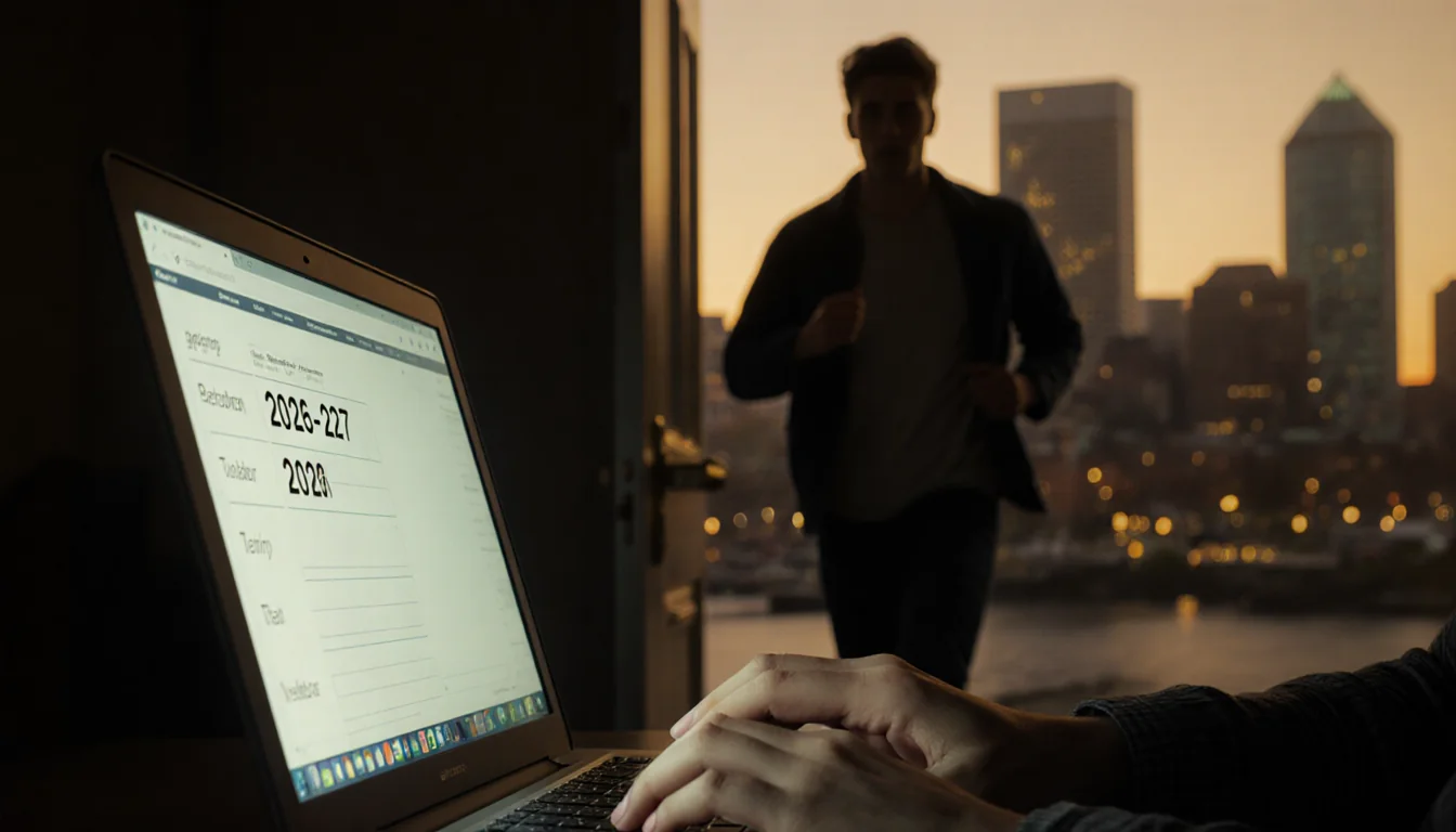 Kayla typing 2026-2027 on a template with laptop glow and boyfriend rushing in near a blurred Baltimore cityscape.