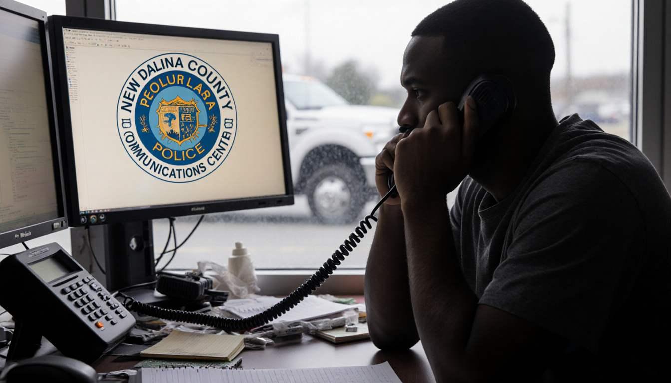 Kayonne Baxter speaks into phone with head in hands on cluttered desk and police radio while a computer shows the county logo