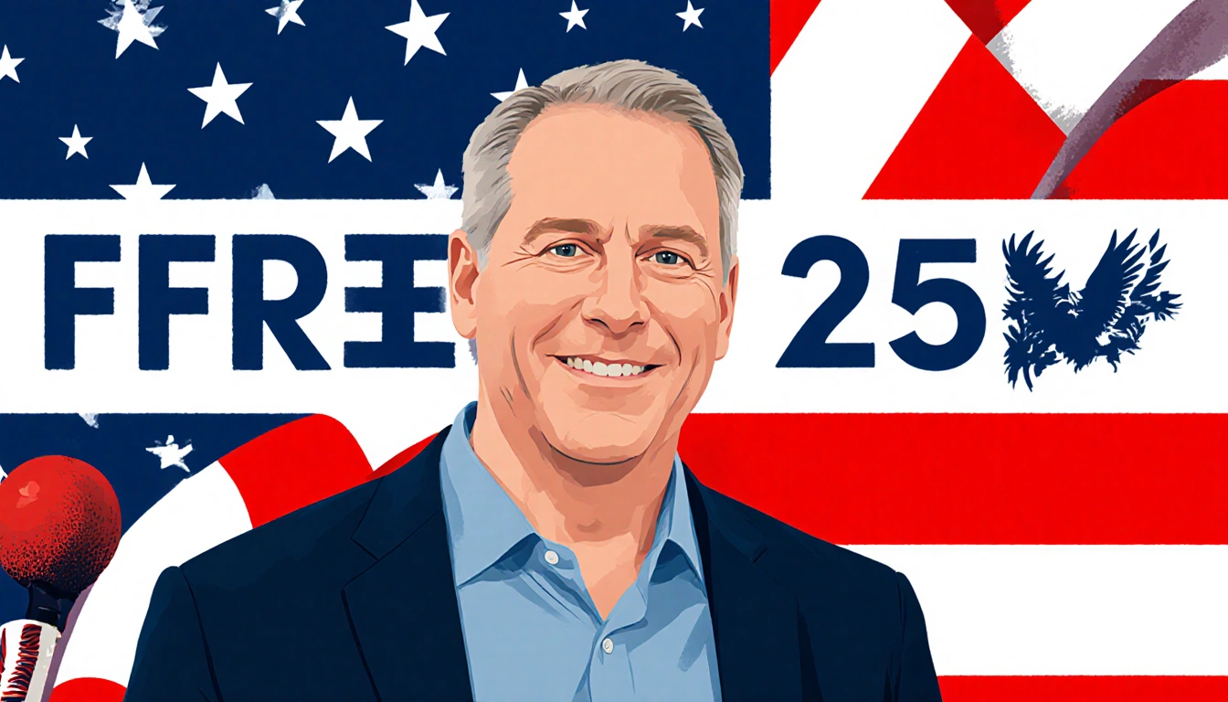 Keith Krach stands confidently in front of a large bold flag with “Freedom 250” text with neutral eagle symbolizing unity