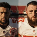 Jason and Travis Kelce sit in Kansas City Chiefs jerseys with golden light highlighting their bond in blurred stadium backdro