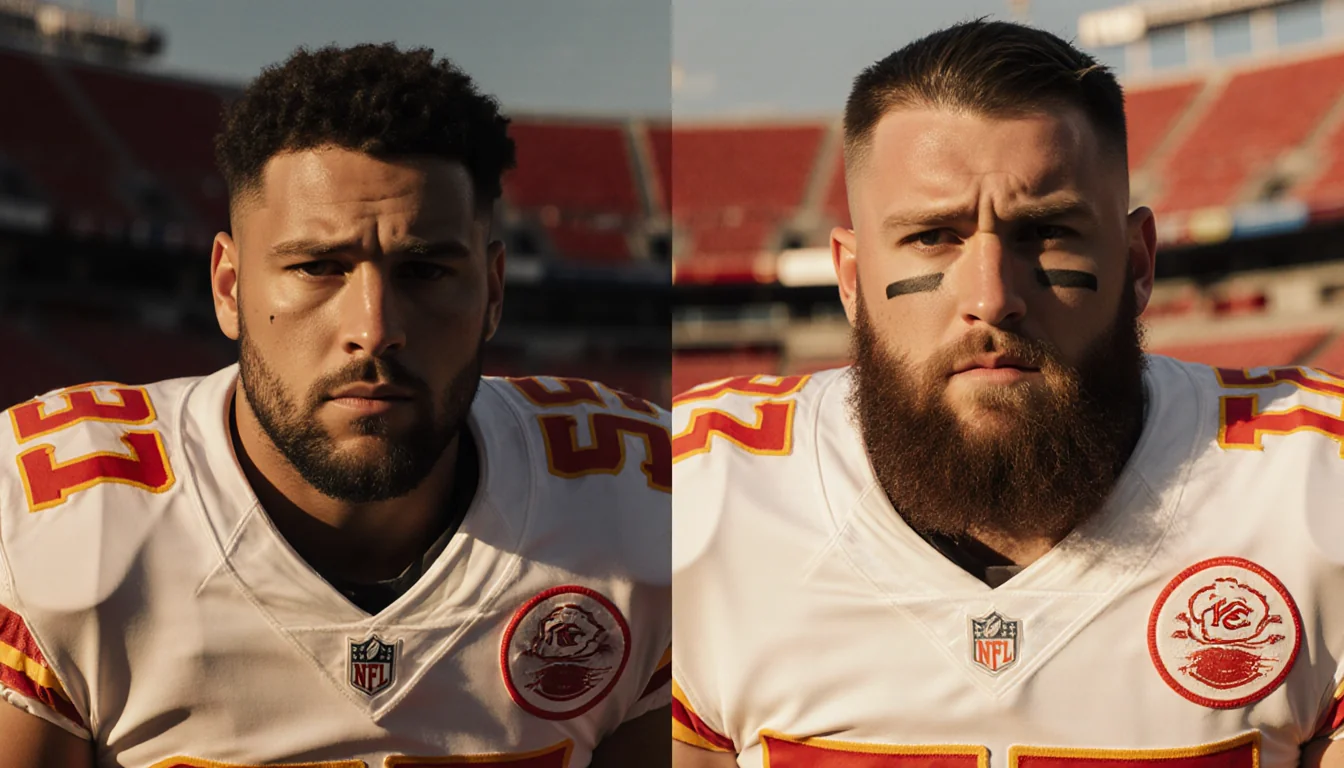 Jason and Travis Kelce sit in Kansas City Chiefs jerseys with golden light highlighting their bond in blurred stadium backdro