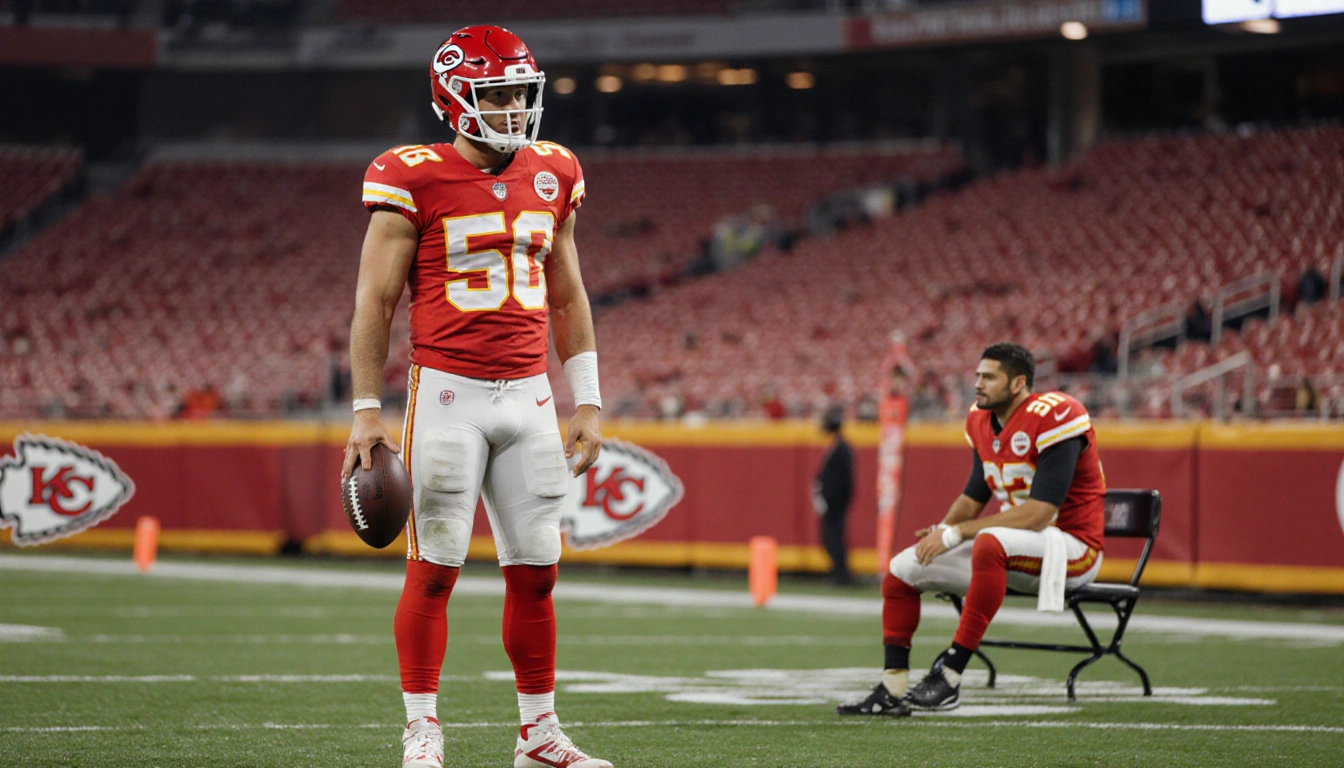 Travis Kelce stands alone on a Chiefs field holding a football with a determined look and a blurred empty stadium behind him.