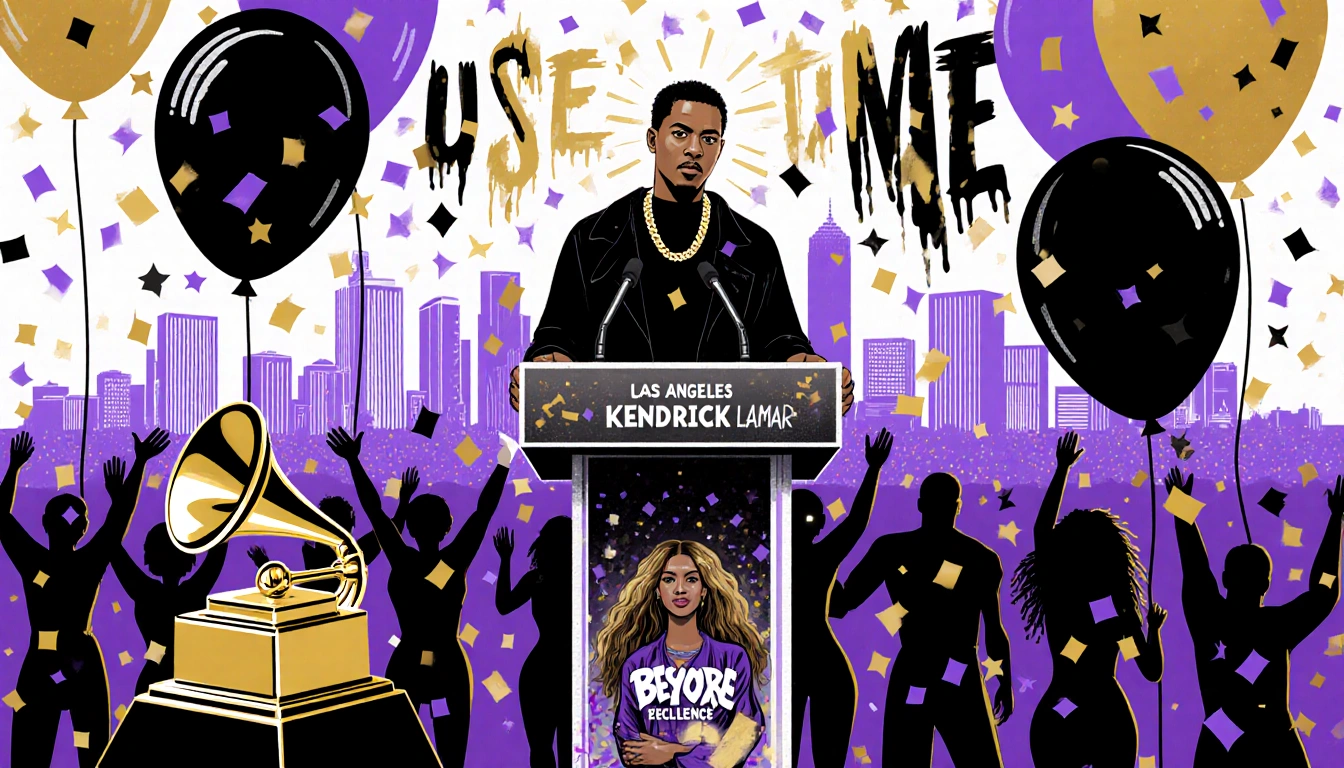 Kendrick Lamar at the podium during Super Bowl halftime with Beyoncé's award and confetti over a city.