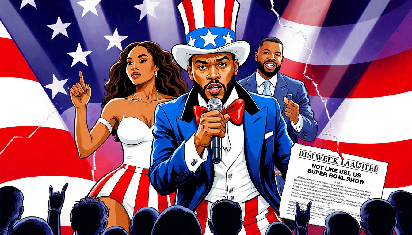 Kendrick Lamar performing halftime show with SZA and Serena Williams amid patriotic backdrop and broken record.