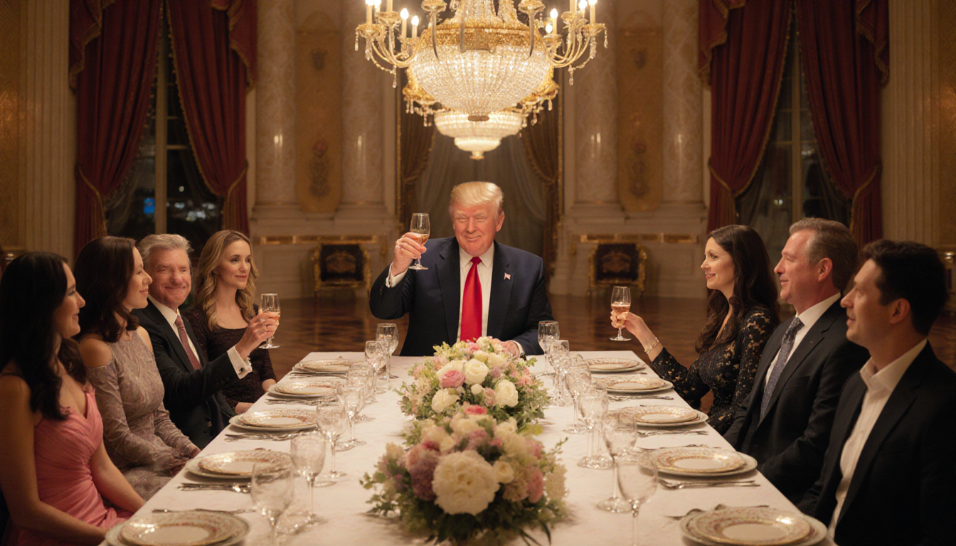 Donald Trump raises glass with esteemed honorees near Kennedy Center's grand hall.