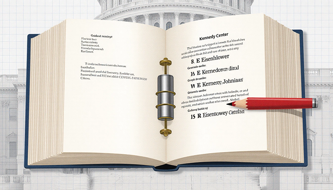 Bound book of Kennedy Center shows Eisenhower Kennedy Johnson names locked with a red pen of change and Congress grid