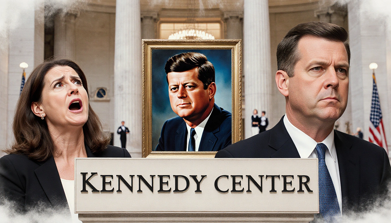 Maria Shriver looks shocked and dismayed with JFK portrait and Jack Schlossberg opposing beside original nameplate