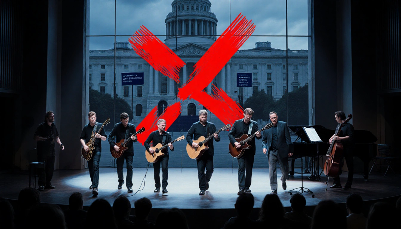 Musicians walking off stage with instruments and music sheets red X of broken strings behind Kennedy Center protest signs