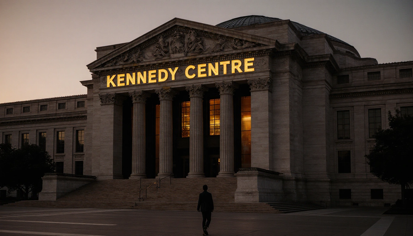 Gold lettering on Kennedy Center façade glows with dusk light near Washington DC skyline and a lone passerby walks away.