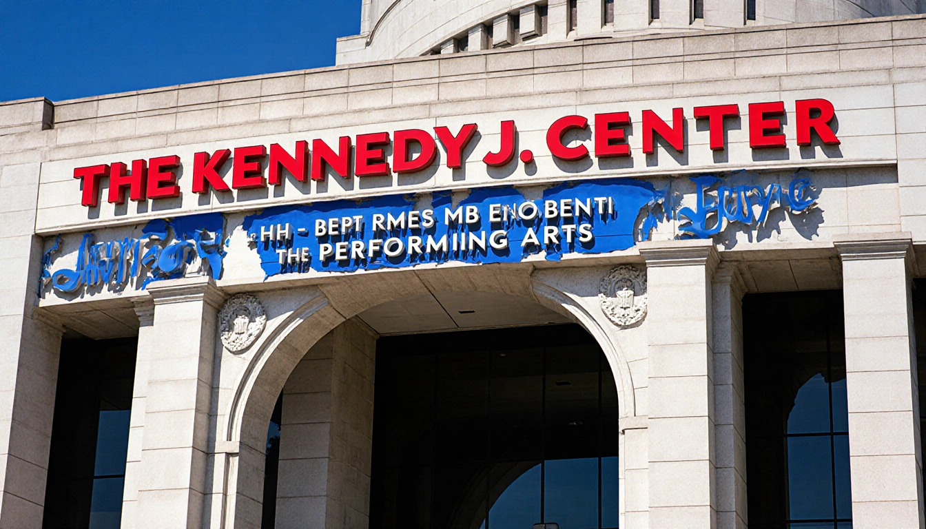 Kennedy Center façade shows bold red lettering The Donald J Trump with faded original blue lettering and torn paper.