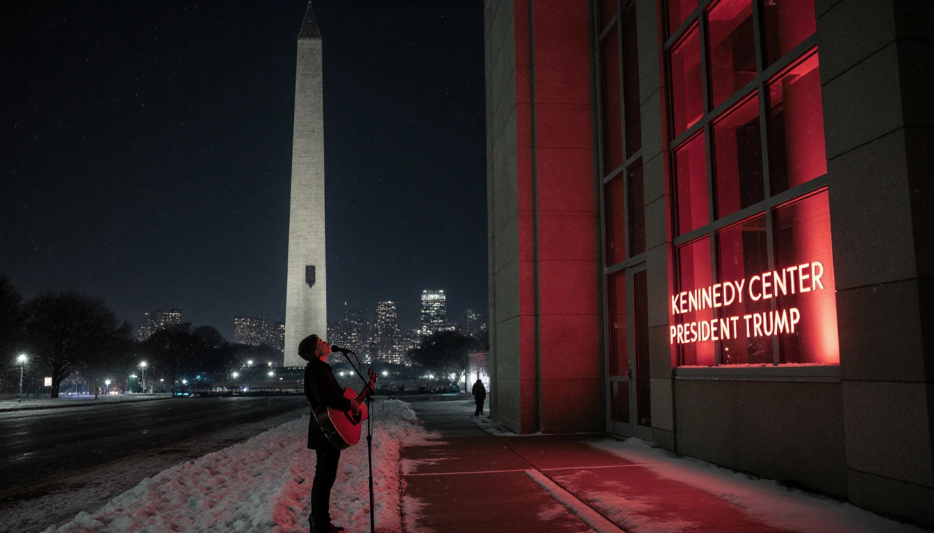 Musician holding guitar looks up at sign with Trump name on Kennedy Center façade with Washington Monument in snowy night
