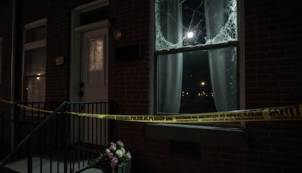 Police tape encloses front door with abandoned bouquet and broken window frame.