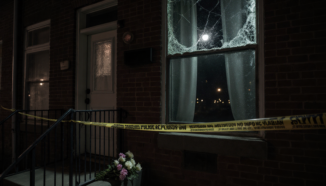 Police tape encloses front door with abandoned bouquet and broken window frame.