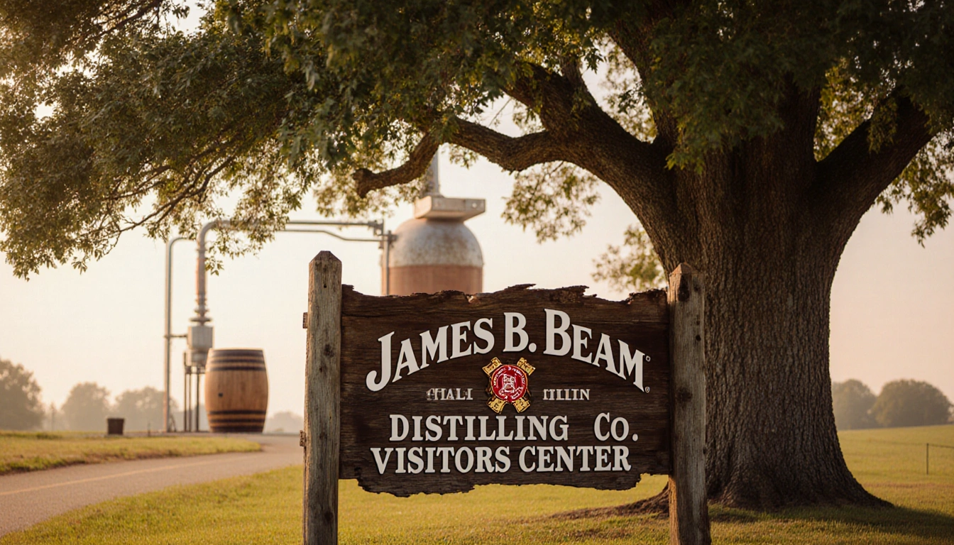 Rustic sign reading James B Beam Distilling Co. Visitors Center with oak shade and bourbon barrel in Kentucky background