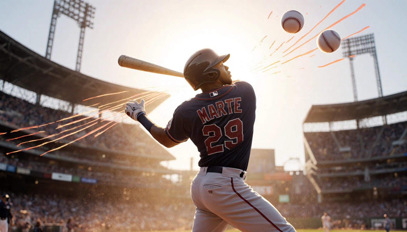 Ketel Marte swinging a baseball bat with light behind him and home run balls flying with motion lines