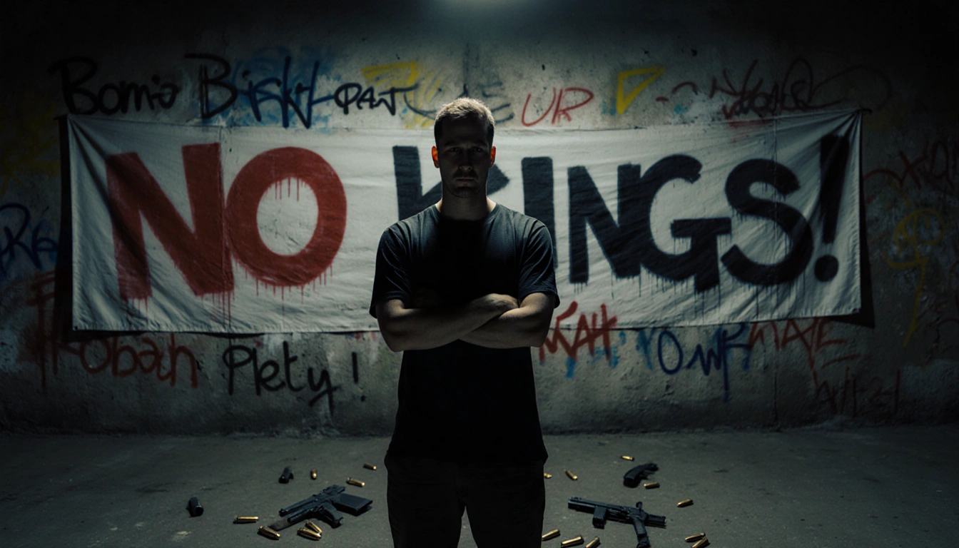 Kevin Krebs stands with arms crossed against graffiti wall with No Kings banner and discarded guns nearby and guilty