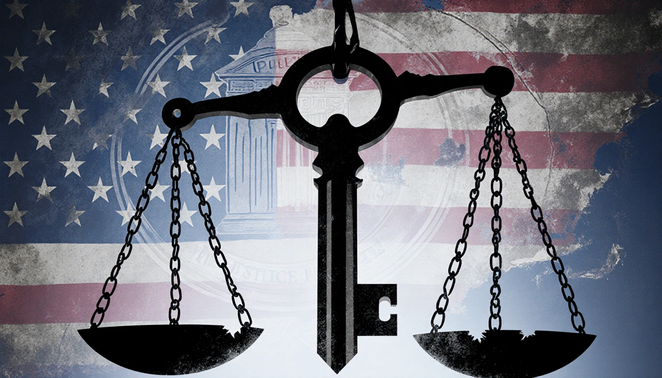 Scales unlocking a large old-fashioned key with a faded American flag background and Justice Department logo