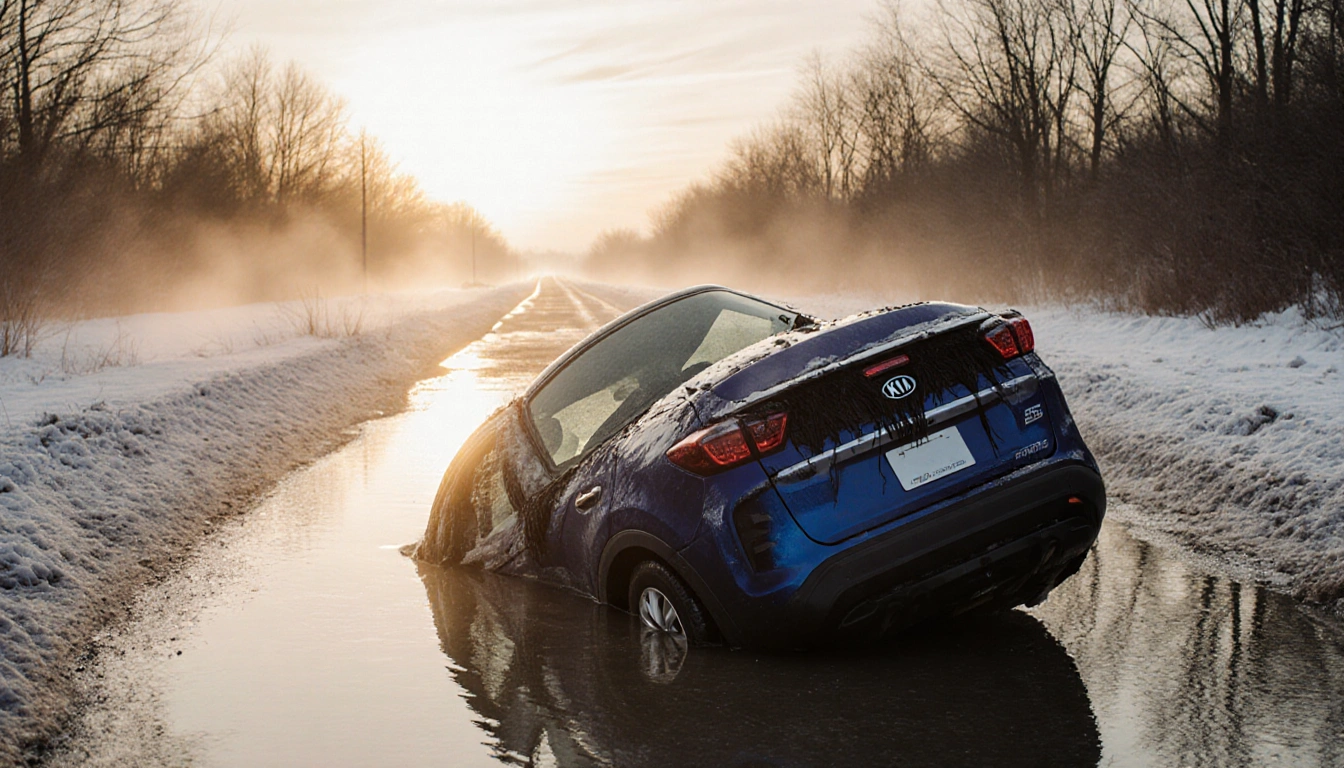 Overturned Kia Sportage car floating in frozen water at sunset with misty icy road and bare trees in background.