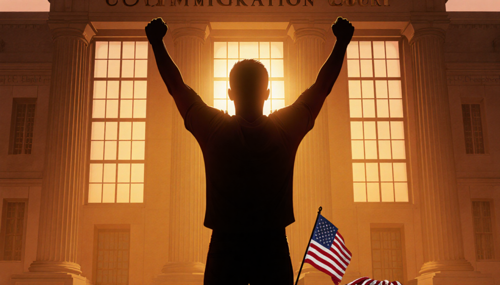 Silhouette raising arms with crumpled American flag at feet and U.S. courthouse at sunset symbolizing hope