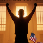 Silhouette raising arms with crumpled American flag at feet and U.S. courthouse at sunset symbolizing hope