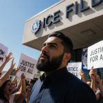 Kilmar Abrego Garcia walking out of ICE office with triumphant smile and supporters holding signs of freedom and justice