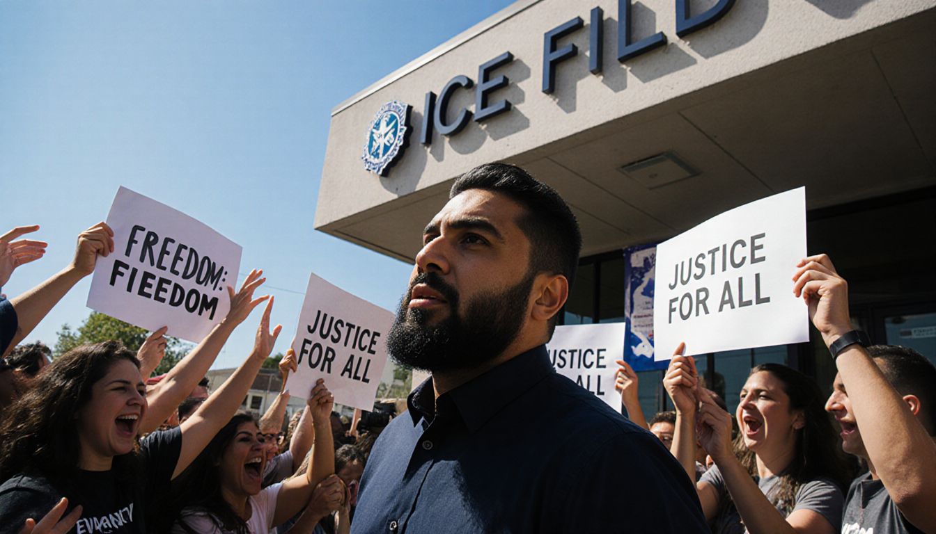 Kilmar Abrego Garcia walking out of ICE office with triumphant smile and supporters holding signs of freedom and justice