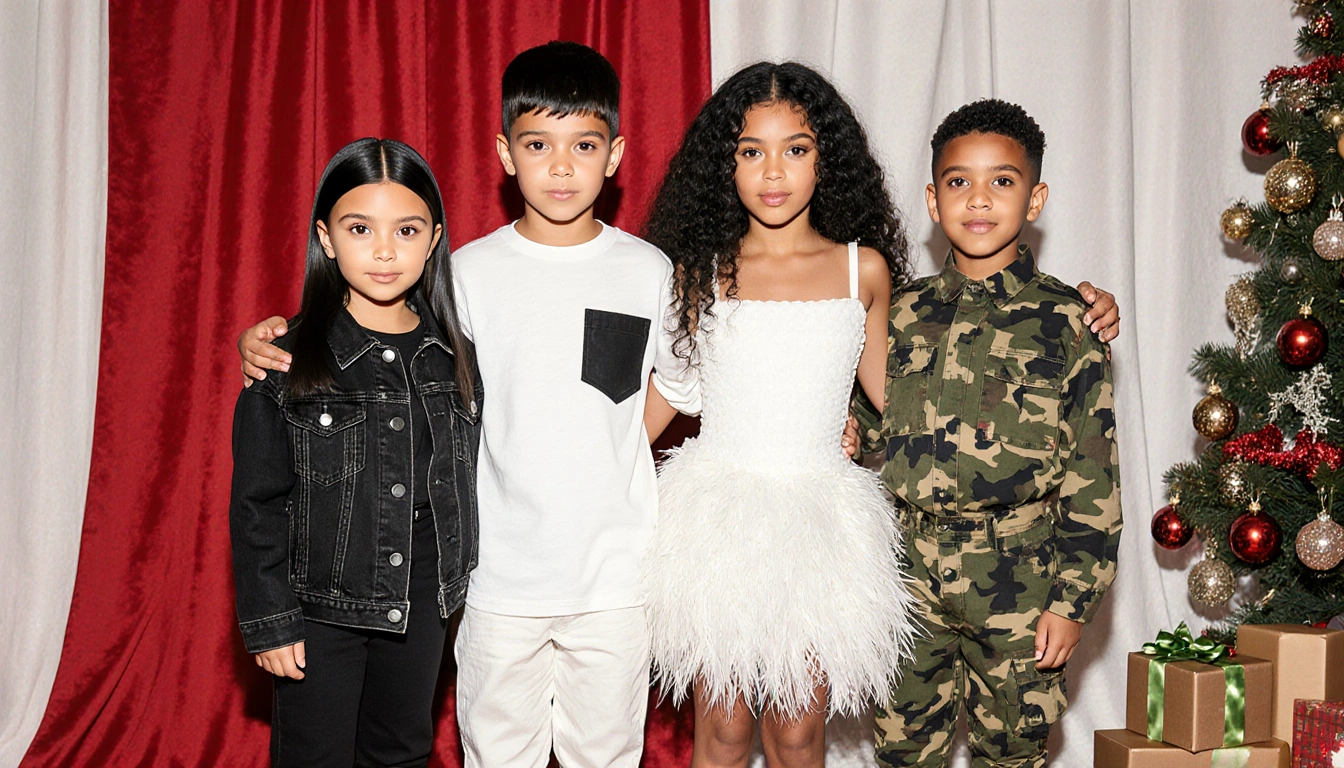 Kids standing together with holiday backdrop and eclectic outfits showing contrasting styles