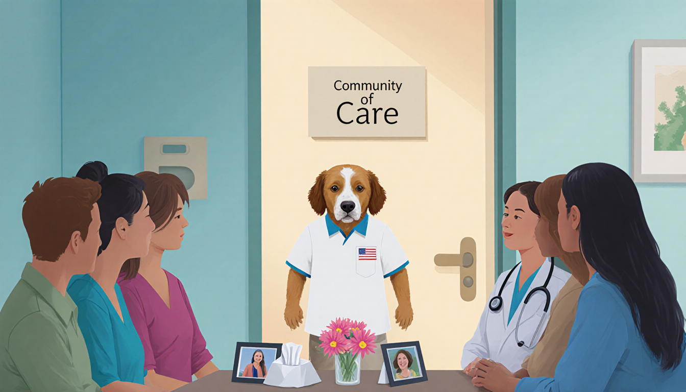 King Charles standing in front of hospital room door with Community of Care sign and friends family doctors warm conversation