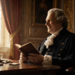 King Charles III sits with a gentle smile and holds a leather‑bound book and a cup of tea in his palace study while warm gold