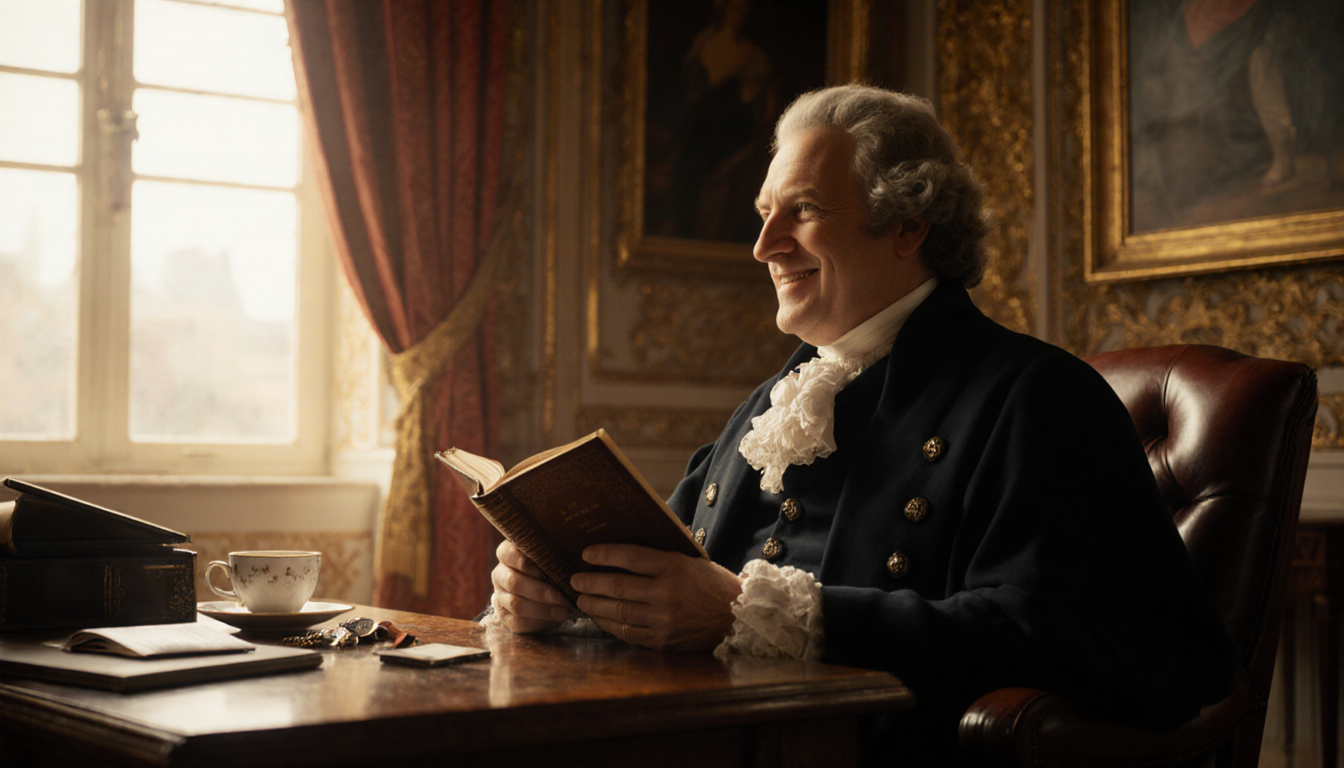 King Charles III sits with a gentle smile and holds a leather‑bound book and a cup of tea in his palace study while warm gold
