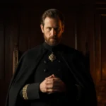 King Charles III stands with clasped hands in a dimly lit throne room with warm glow and faint festive candlelight