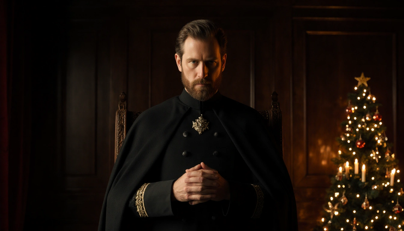 King Charles III stands with clasped hands in a dimly lit throne room with warm glow and faint festive candlelight