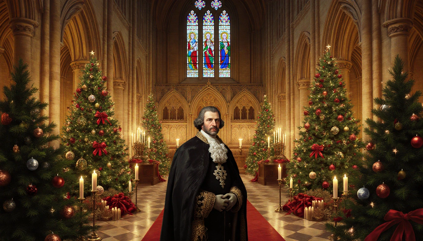 King Charles III standing before Westminster Abbey Lady Chapel with Christmas decorations and warm golden light