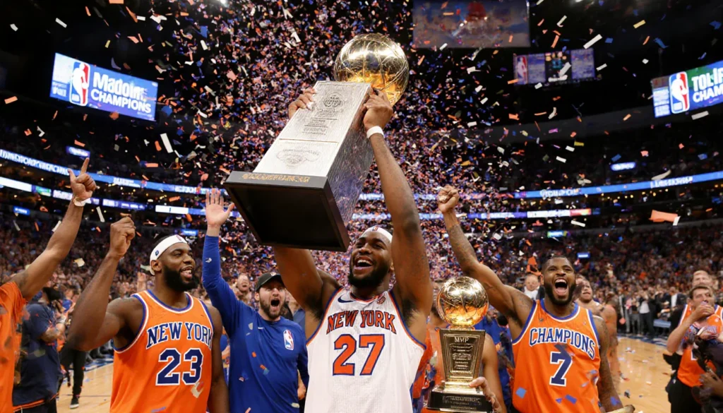 Knicks player holding NBA Cup trophy with confetti exploding and fans in orange and blue jerseys at Madison Square Garden.