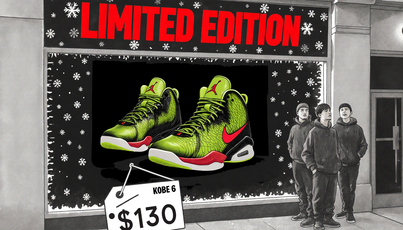Kobe 6 Grinch sneakers displayed with a red Limited Edition sign and black snowflake background while fans outside wait