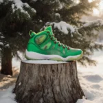 Bright green sneakers sit on a snow‑covered tree stump with morning light filtering through branches