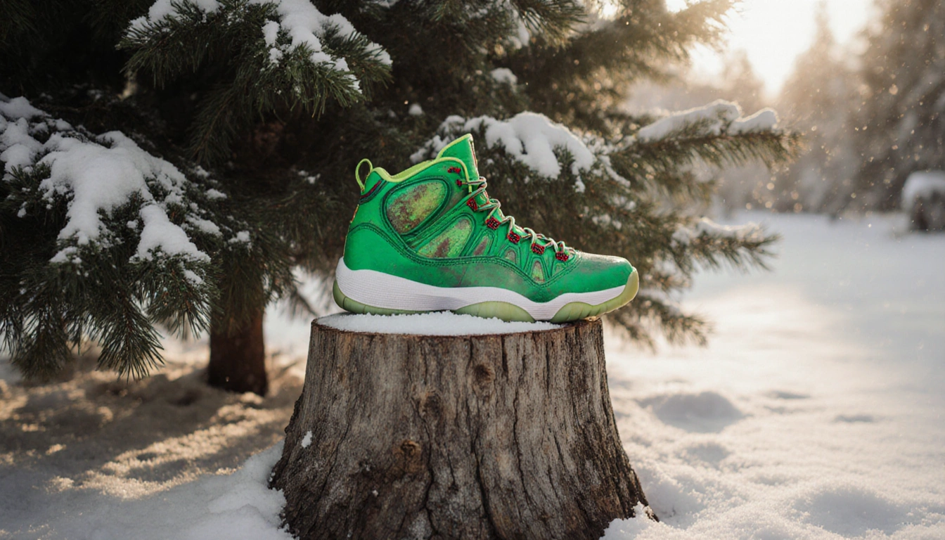 Bright green sneakers sit on a snow‑covered tree stump with morning light filtering through branches