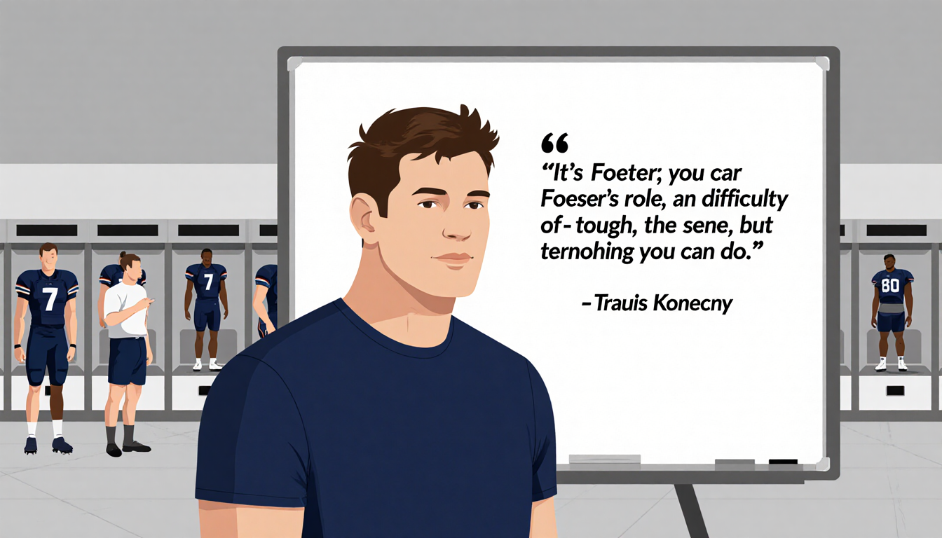 Travis Konecny standing beside a whiteboard with a tough quote about Foerster and a muted locker room behind