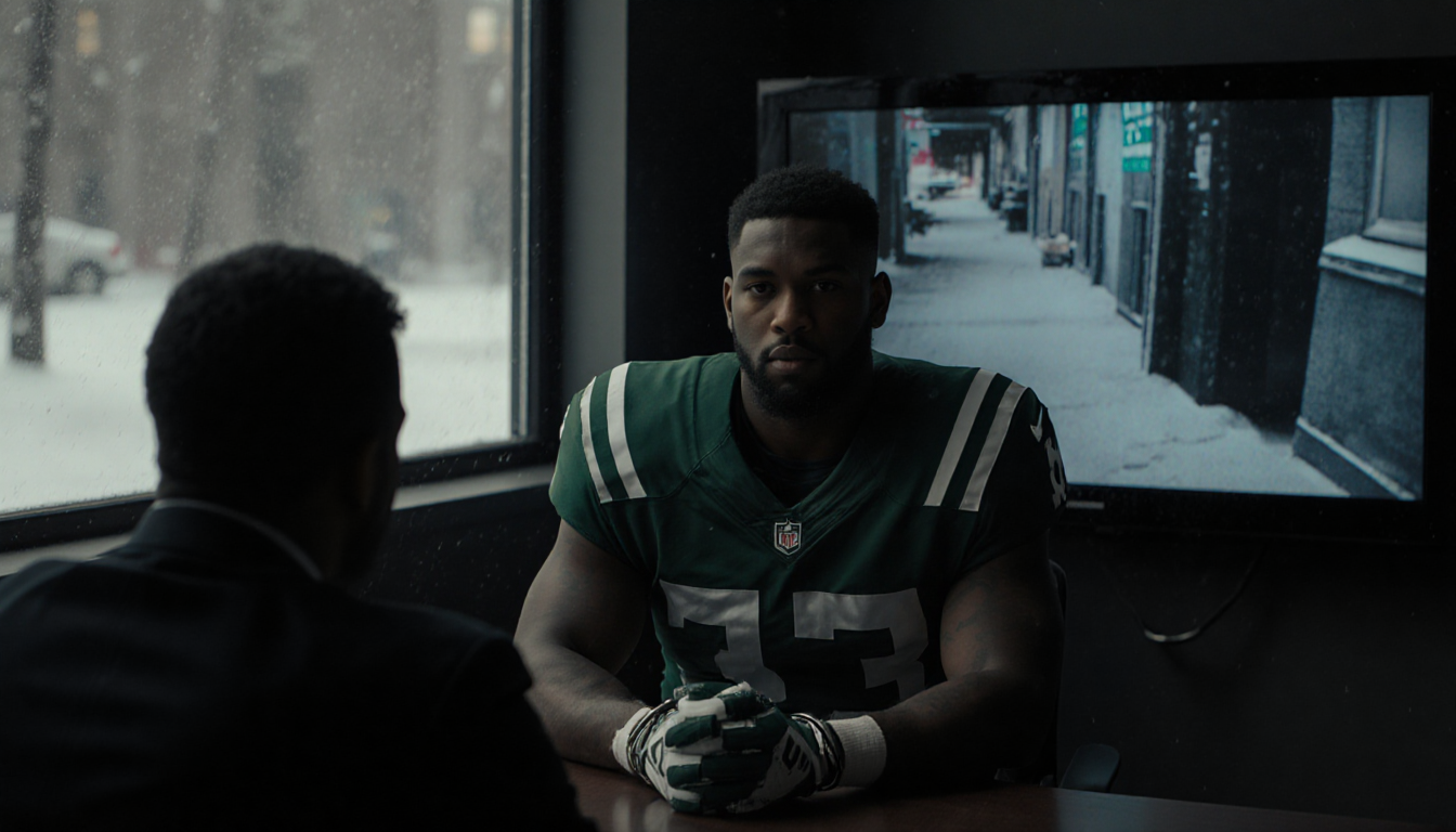 Kris Boyd sits in dim interrogation room with suspect cuffed across and TV flickering while winter chill outside window