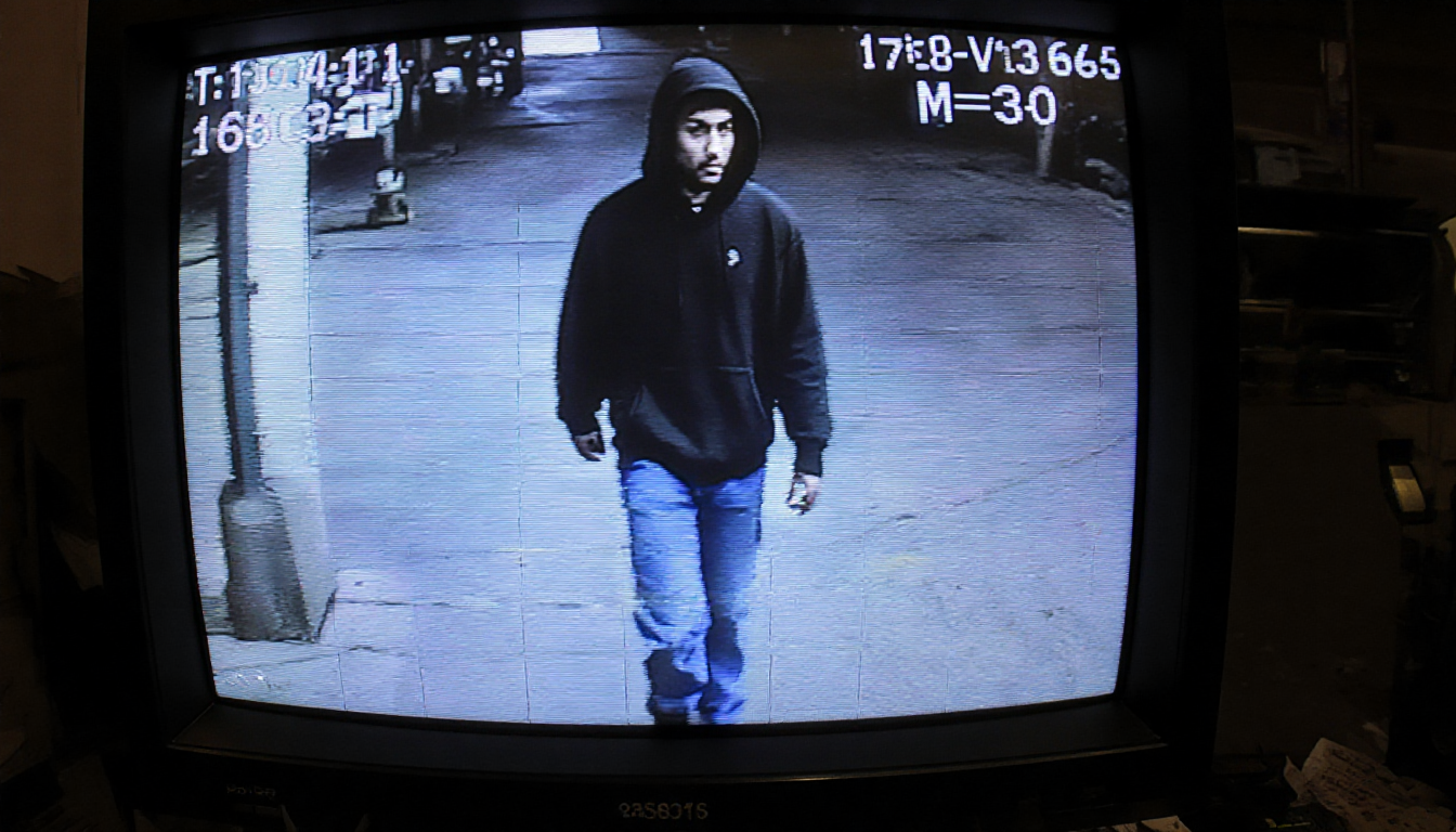 Suspect walking away from crime scene with hoodie visible on grainy police monitor and timestamp overlay