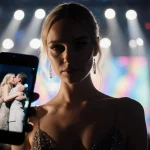 Kristin Cabot standing alone in gown with spotlight and Coldplay background with smartphone screen showing TikTok hug clip