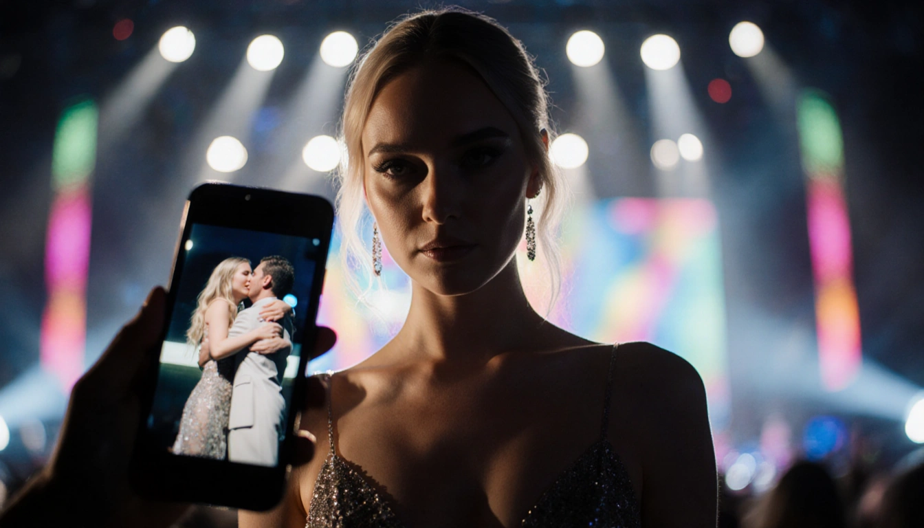 Kristin Cabot standing alone in gown with spotlight and Coldplay background with smartphone screen showing TikTok hug clip